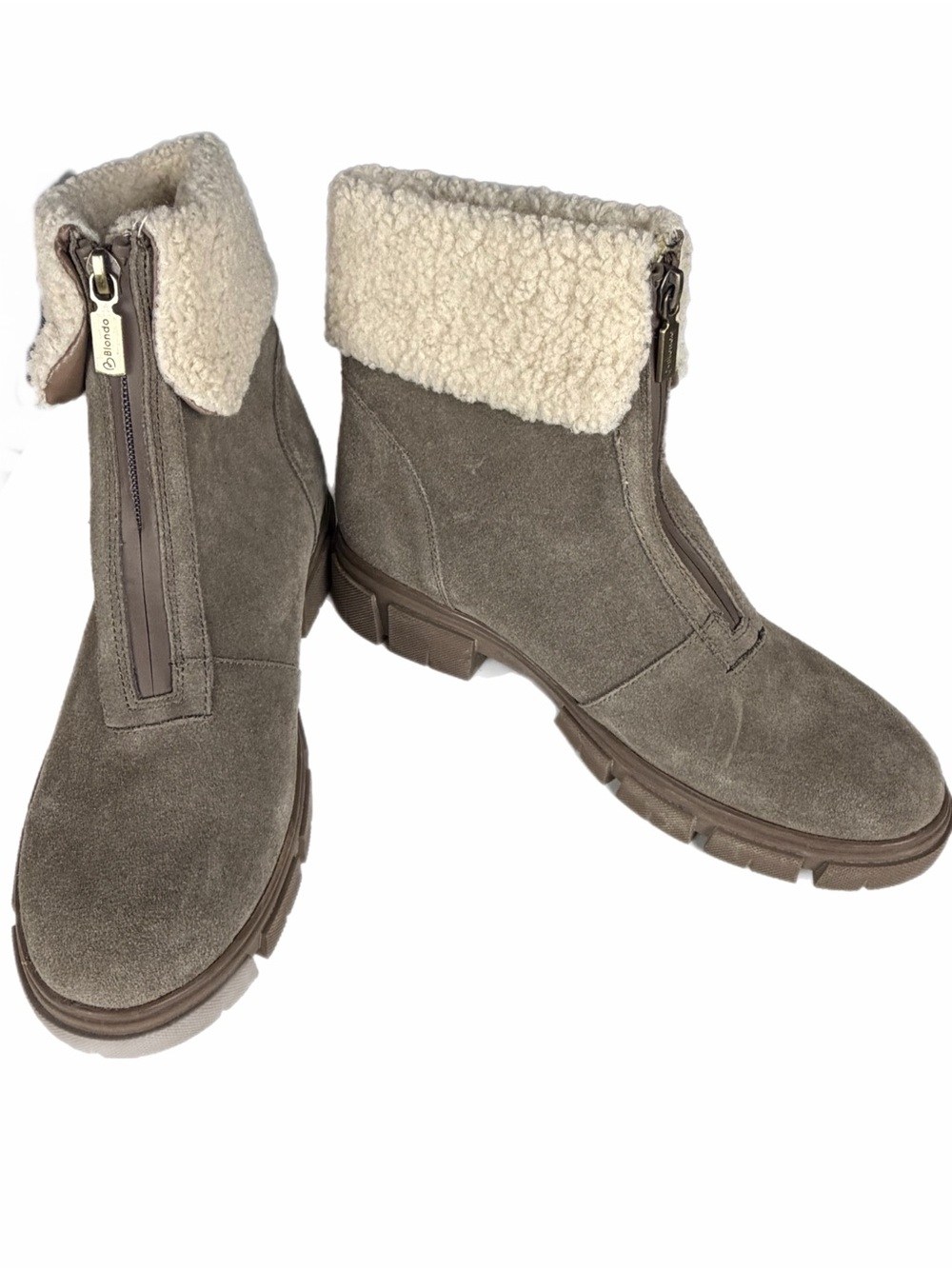 BLONDO Taupe Waterproof Suede Shearling-Cuff Front Zip Ankle Boots Size 11